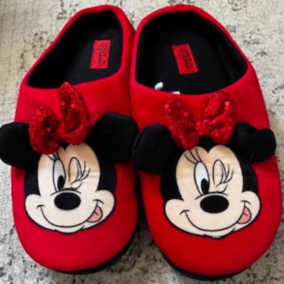 Disney Minnie Mouse Slippers with Red Sequin Bow Women's 9/10 - Picture 1 of 9